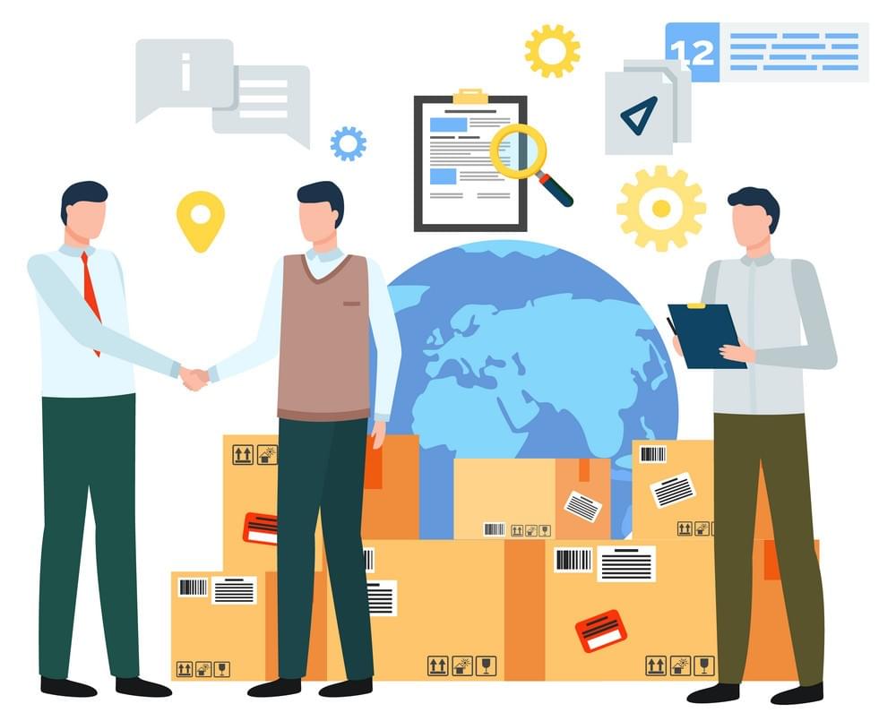 People making deal, isolated characters shaking hands. Globe and parcels, document and geolocation poitier. Businessman and assistant with clipboard making notes on contracts. Vector in flat style